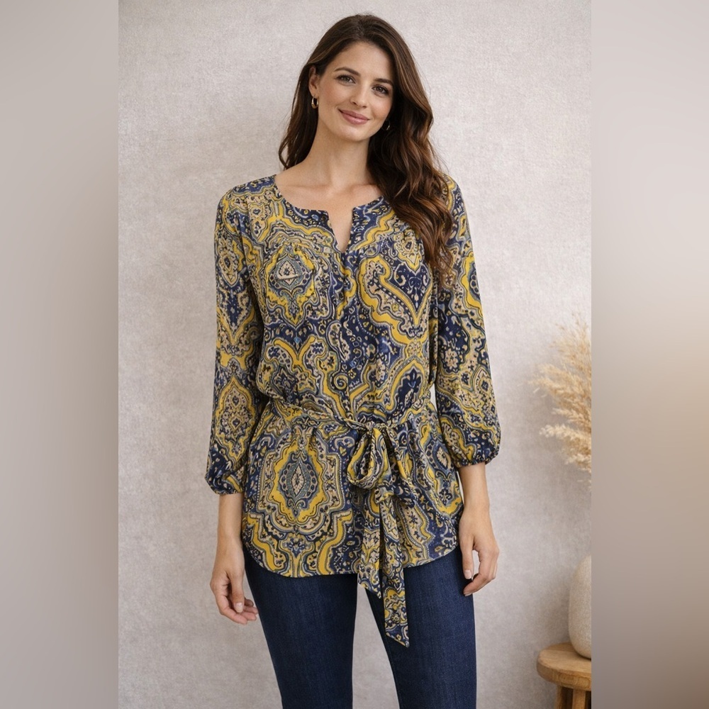 Ann Taylor Blue & Gold Paisley Tie-Waist Blouse - Medium
